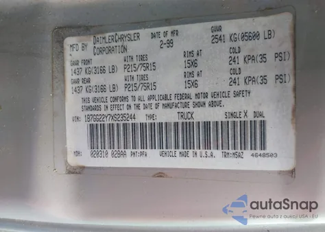 1999 Dodge Dakota Slt/Sport из США, поврежденный, VIN 1B7GG22Y7XS235244